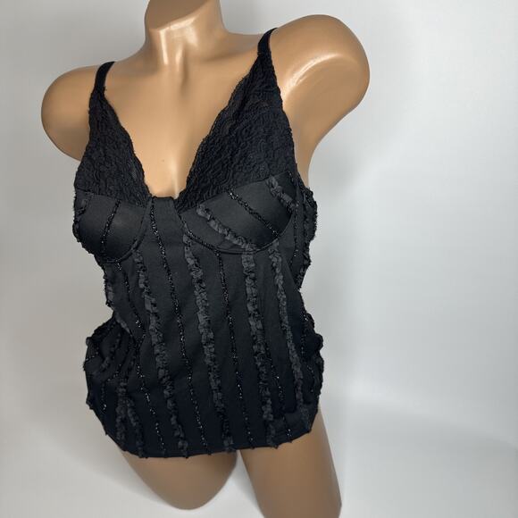 Y2K Black Lace Glitter Ruffle Cami Top Coquette Corset Lingerie Style S Goth - Picture 8 of 8